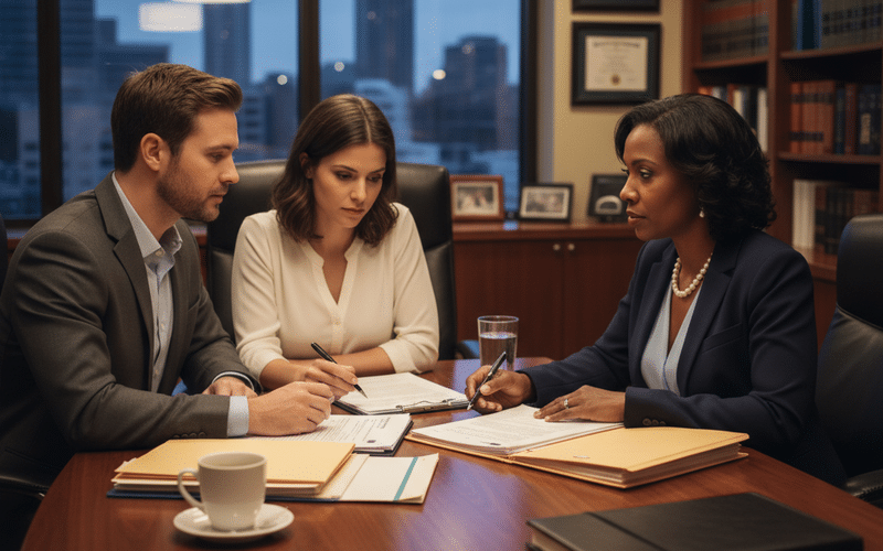 Realistic documentary scene: a Black female attorney in her 40s sits across from a new client couple at a conference table in an Atlanta personal injury law office, reviewing case documents together — warm professional lighting, no logos or text, cinematic style.
