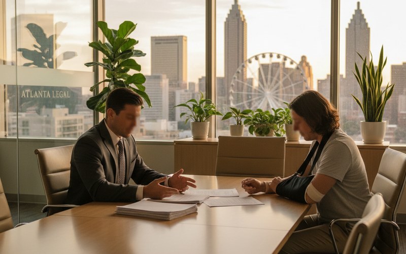 Atlanta personal injury attorney consulting with an injured client about their negligence case options in a professional law office