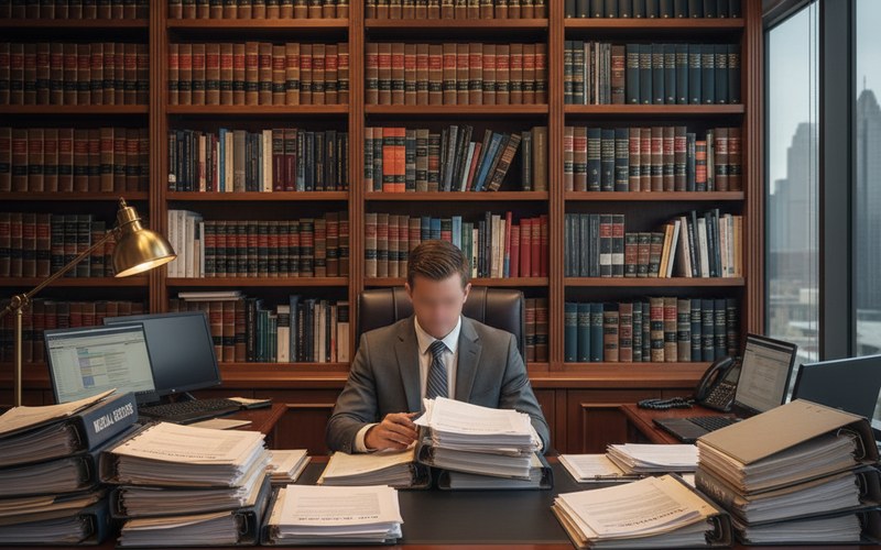 Personal injury attorney in Atlanta law office reviewing negligence case files including accident report and medical records
