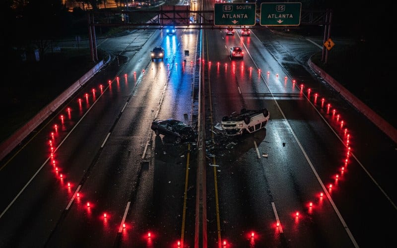 Serious car accident scene on an Atlanta highway resulting in a wrongful death claim