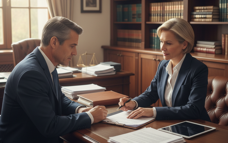 Attorney and client sitting across a desk reviewing Medicare set-aside documents and settlement paperwork, with the client holding a pen ready to sign in an Atlanta personal injury law office.