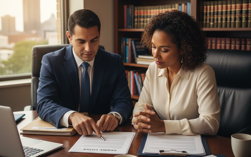A Latino attorney in his 30s reviews a slip and fall demand letter with a female client of color at a conference table in an Atlanta law office, discussing the settlement offer and next steps in the claims process.