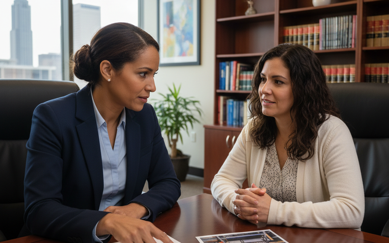 A Brown female attorney in her 40s sits across from a Hispanic female client in an Atlanta personal injury law office, reviewing a Walmart incident report and photos from the scene — empathetic, realistic, documentary-style scene.