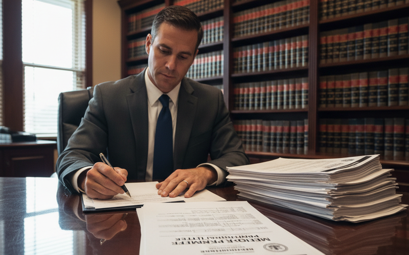 Documentary scene showing a personal injury attorney reviewing a Medicare conditional payment letter and settlement documents at a desk in an Atlanta law office, preparing for lien negotiation.