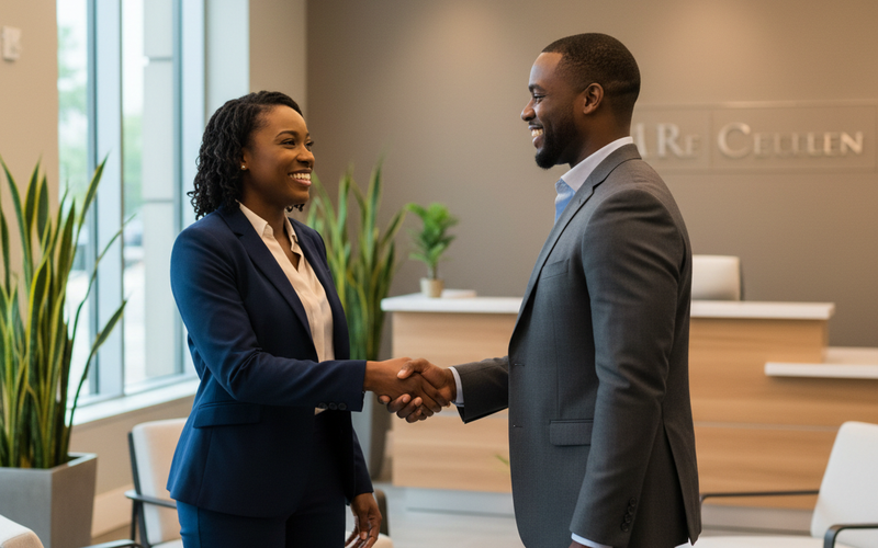 A Black female attorney in professional attire shakes hands with a Black male client in an Atlanta law office lobby, representing a trust-based attorney-client relationship in a personal injury case.