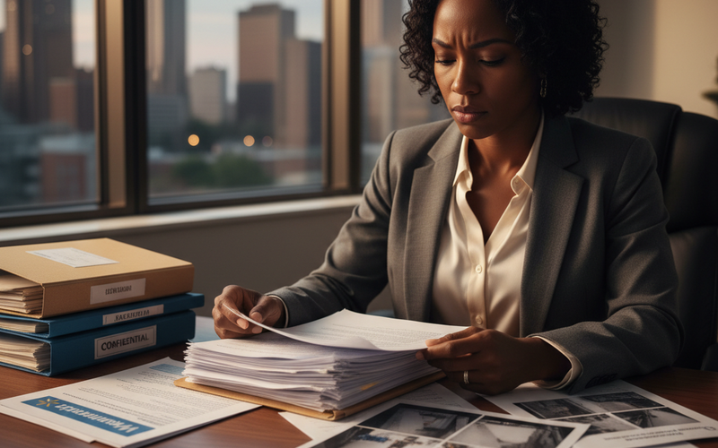 Realistic scene: a Black female attorney in an Atlanta law office reviews a thick Walmart premises liability case file, with surveillance footage stills and an incident report spread on her desk — focused, professional, documentary style.