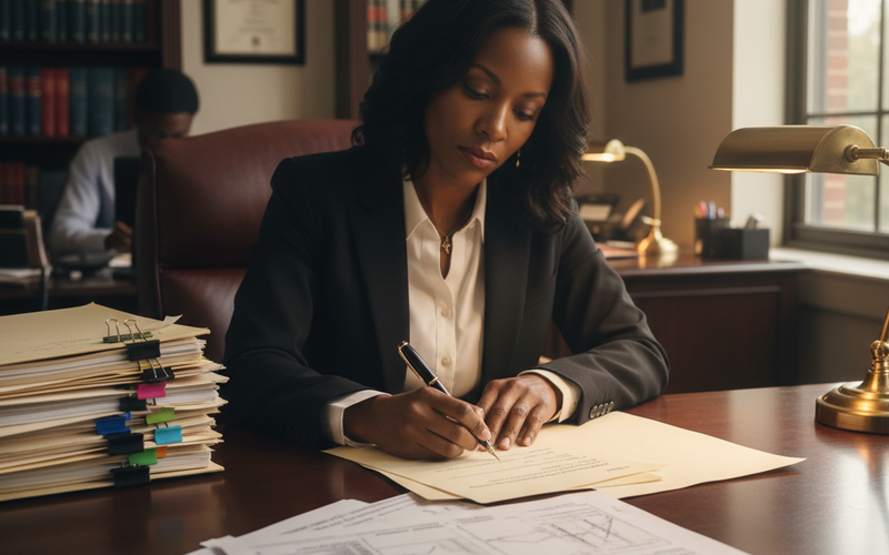 A Black female attorney in her 30s sits at a desk writing a personal injury demand letter, with medical records and a police report spread in front of her in an Atlanta law office — realistic documentary scene showing legal preparation.