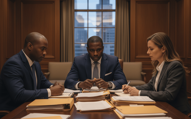 Realistic scene: a Black male attorney sits across from an insurance adjuster at a conference table in an Atlanta mediation room, legal documents spread between them — focused, professional atmosphere, cinematic documentary style, no logos.