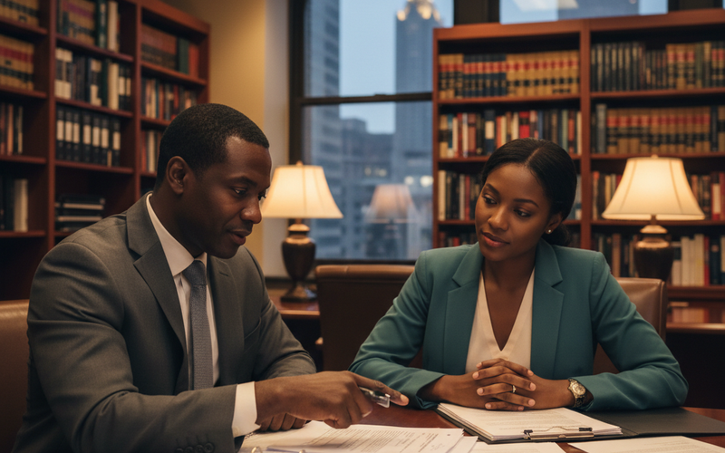 A Black male personal injury attorney in his 40s sits across from a Black female client at a conference table in an Atlanta law office, reviewing case documents together in a professional and empathetic setting.