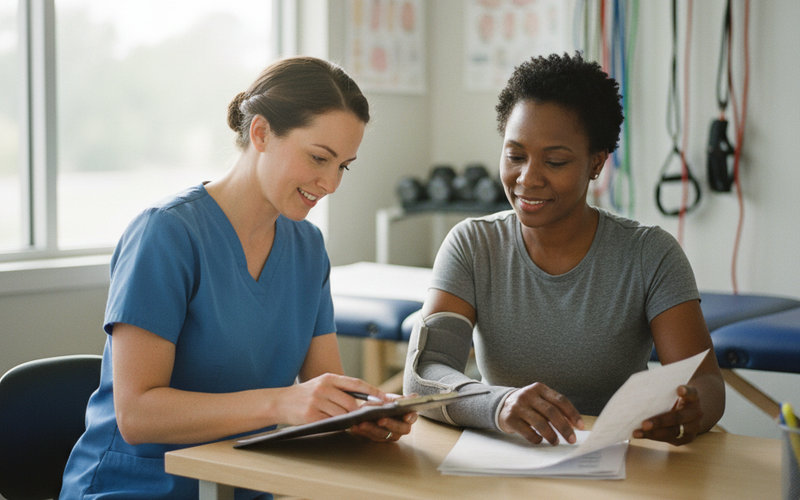 A Black woman in her 40s sits in a medical office reviewing physical therapy notes with a doctor, documenting her recovery from a slip and fall injury in Georgia — a realistic scene showing injury treatment documentation.