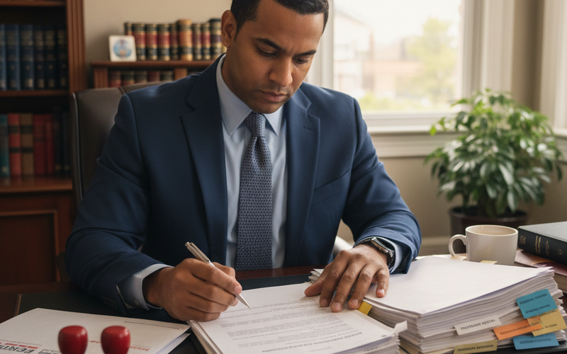 A Brown male attorney in his 30s reviews a completed personal injury demand letter packet with organized medical exhibits at a desk in an Atlanta law office, preparing to send it via certified mail — realistic professional scene.