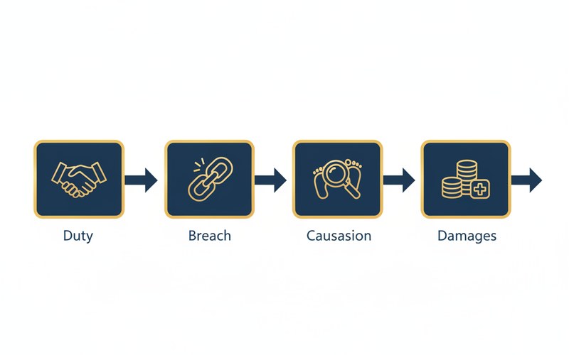 Flowchart diagram showing the four elements of a Georgia negligence case: duty, breach, causation, and damages with connecting arrows