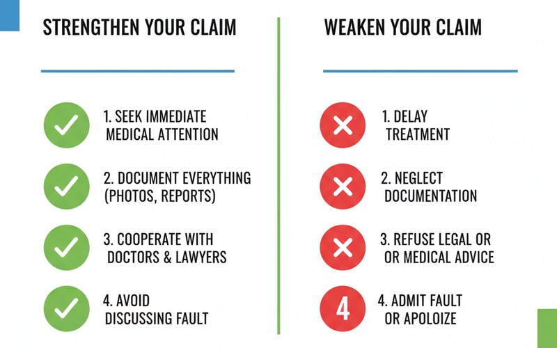 Comparison chart showing actions that strengthen versus weaken a Georgia personal injury negligence case claim