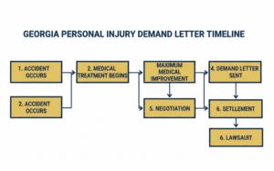 Infographic flowchart showing the six-stage timeline of a Georgia personal injury demand letter process from accident to settlement or lawsuit filing