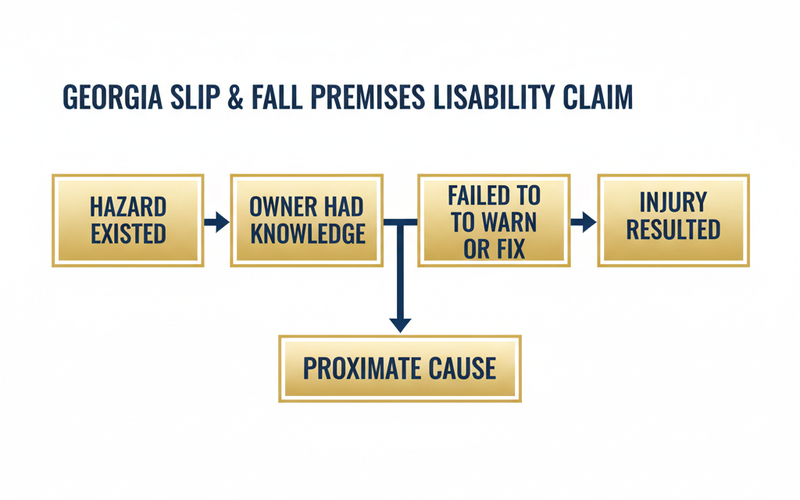 Infographic flowchart showing the four elements of a Georgia slip and fall premises liability claim: hazard existence, owner knowledge, failure to remedy, and resulting injury — with arrows connecting each step in the legal process.