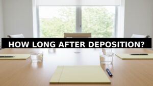 Legal conference room table with notepads representing post-deposition settlement timelines in Georgia