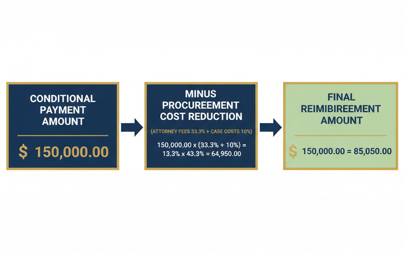 Infographic showing the Medicare lien calculation formula for Georgia personal injury settlements, including conditional payment amount, proportionate reduction for attorney fees, and final reimbursement figure.