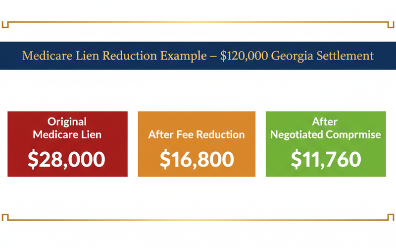 Comparison chart showing the difference between Medicare conditional payment amount, post-procurement-cost-reduction amount, and negotiated compromise amount in a Georgia personal injury settlement.