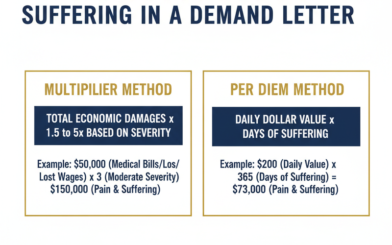 Comparison chart showing two methods for calculating pain and suffering in a Georgia personal injury demand letter: the multiplier method on the left with example math, and the per diem method on the right — clean infographic in navy and gold.