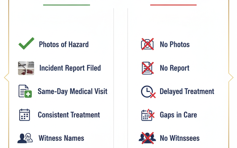 Comparison chart showing documentation strength in Georgia slip and fall claims: strong claim factors on the left (photos, incident report, same-day medical visit, witness names, consistent treatment) vs. weak claim factors on the right (no photos, no report, delayed treatment, treatment gaps).