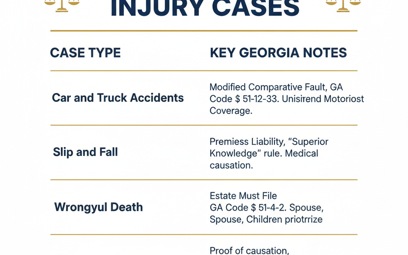 Comparison chart showing types of personal injury cases handled by Black personal injury lawyers in Atlanta: car accidents, slip and fall, wrongful death, TBI and catastrophic injury — with Georgia-specific notes in navy and gold.