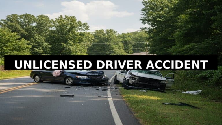 Two-car accident on suburban Georgia road showing vehicle damage for unlicensed driver liability