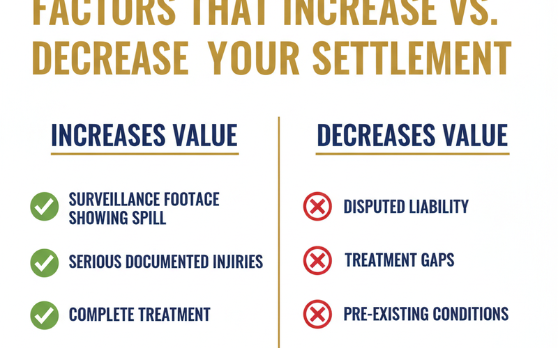 Comparison chart showing factors that increase versus decrease Walmart slip and fall settlement amounts in Georgia — two columns with bullet points in navy and gold, legal infographic style.