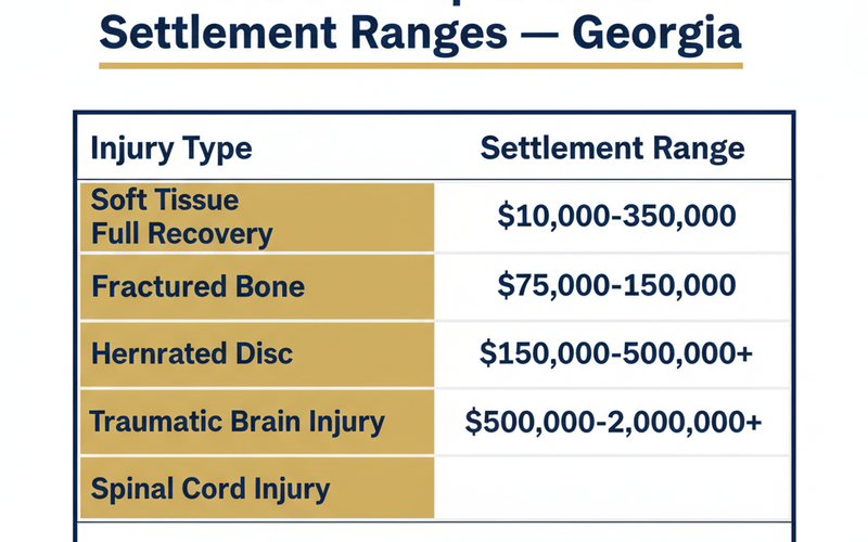 Infographic table showing Walmart slip and fall settlement ranges by injury type in Georgia, from soft tissue injuries at $10,000-$35,000 to spinal cord injuries and wrongful death cases exceeding $500,000 — navy and gold legal infographic style.