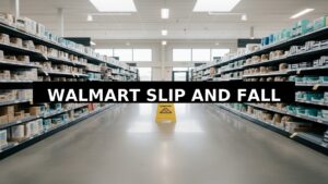 Retail store aisle with wet floor sign representing Walmart slip and fall settlement cases in Georgia