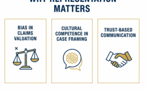 Infographic showing three reasons representation matters in personal injury claims: bias in claims valuation, cultural competence in case framing, and trust-based attorney-client communication