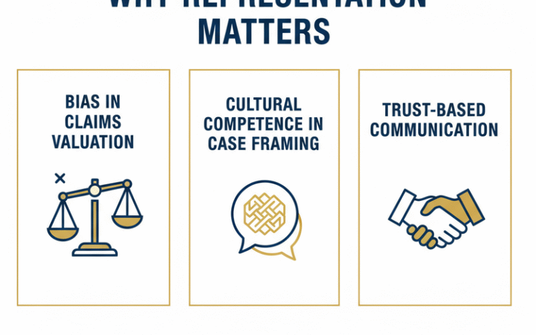 Infographic showing three reasons representation matters in personal injury claims: bias in claims valuation, cultural competence in case framing, and trust-based attorney-client communication