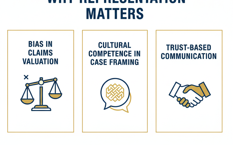 Infographic showing three reasons representation matters in personal injury claims: systemic bias in claims valuation, cultural competence in case framing, and trust-based attorney-client communication — with icons in navy and gold.