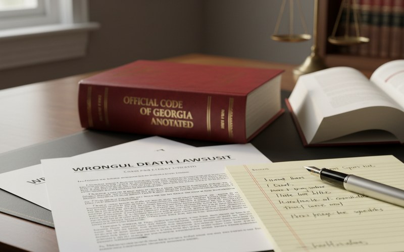 Wrongful death lawsuit legal documents and Georgia law reference on an attorney's desk