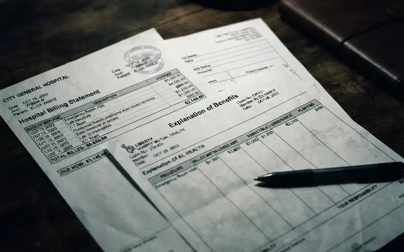 Hospital billing statement and insurance EOB form showing medical billing paperwork for subrogation claims