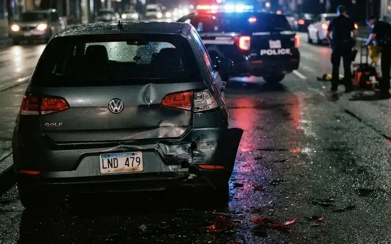 Car accident scene with damaged rear bumper at night showing rear-end collision damage