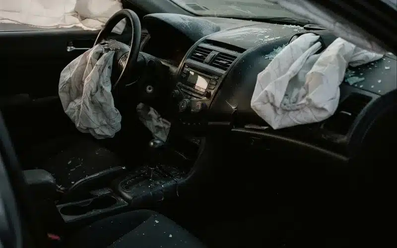 Car interior after crash with deployed airbags showing passenger injury scene