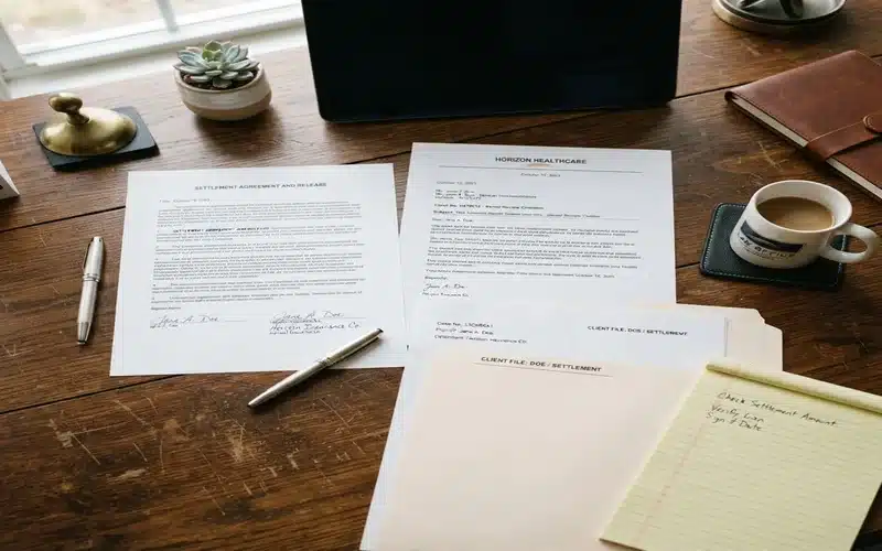 Health insurance lien documents and settlement paperwork on attorney desk